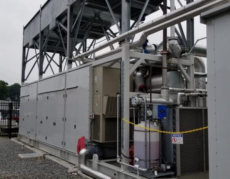 Fuel cell power plant balance of plant with piping, heat exchanger and water treatment