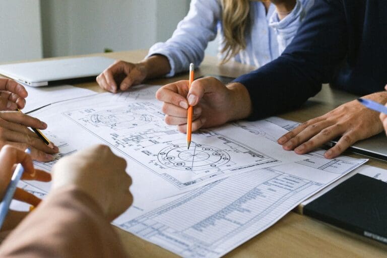 Engineers marking up process drawings during a hazard review